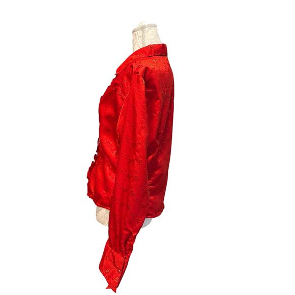 Vintage Panhandle Slim Red Satin Embroidered Floral Ruffle Shirt Womens Sz Large - Picture 11 of 16